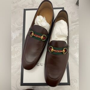 Gucci Brixton Webbing-Trimmed Horsebit Collapsible-Heel Leather Loafers